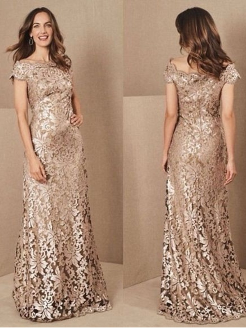 Elegant Off-Shoulder Lace Evening Gown - Gold
